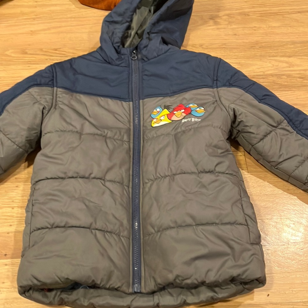 Gray and Blue Hooded Puffer Jacket